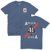 Royal blue t-shirt displaying the front and back view of the ace of spades Black Aces 41 squadron design.