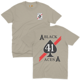 Sand color military t-shirt featuring the US Navy VFA-41 Black Aces emblem print on the chest and back.