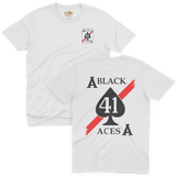 White t-shirt with the Black Aces 41 squadron ace of spades logo and red stripe graphic, front and back view.