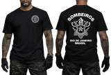 Rio de Janeiro Bombeiros T-Shirt in black with front firefighter emblem and back Brazil firefighter graphic