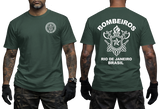 Rio de Janeiro Bombeiros T-Shirt in dark green with front firefighter emblem and back Brazil firefighter graphic