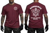 Rio de Janeiro Bombeiros T-Shirt in maroon with front firefighter emblem and back Brazil firefighter graphic