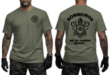 Rio de Janeiro Bombeiros T-Shirt in military green with front firefighter emblem and back Brazil firefighter graphic