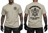 Rio de Janeiro Bombeiros T-Shirt in beige with front firefighter emblem and back Brazil firefighter graphic