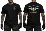 Black graphic tee featuring Comandos Anfíbios COMANF skull, anchor, and wings insignia on chest and back