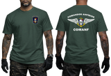 forest green graphic tee featuring Comandos Anfíbios COMANF skull, anchor, and wings insignia on chest and back