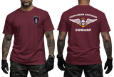 maroon graphic tee featuring Comandos Anfíbios COMANF skull, anchor, and wings insignia on chest and back