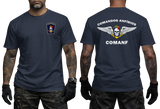 navy graphic tee featuring Comandos Anfíbios COMANF skull, anchor, and wings insignia on chest and back