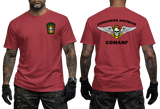 red graphic tee featuring Comandos Anfíbios COMANF skull, anchor, and wings insignia on chest and back