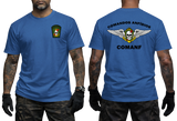 royal blue graphic tee featuring Comandos Anfíbios COMANF skull, anchor, and wings insignia on chest and back