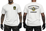 white graphic tee featuring Comandos Anfíbios COMANF skull, anchor, and wings insignia on chest and back
