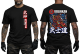Front and back view of a black Bujinkan martial arts black T-shirt featuring a Japanese Samurai warrior in battle with a blue dragon graphic on the back.