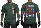 Front and back view of a black Bujinkan martial arts green T-shirt featuring a Japanese Samurai warrior in battle with a blue dragon graphic on the back.