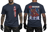 Front and back view of a black Bujinkan martial arts navy T-shirt featuring a Japanese Samurai warrior in battle with a blue dragon graphic on the back.