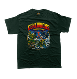 The Centurions Power Xtreme T-Shirt featuring a vintage graphic of the animated series characters in action on a dark green tee.