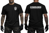 Front and back view of the black COMSUBIN Italian Navy Special Forces t-shirt by Supremashirt. Features the tactical unit insignia on the front left chest and the bold white text "COMSUBIN - Comando Raggruppamento Subacquei e Incursori" on the back. Modeler has visible arm tattoos.