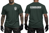 Front and back view of the forest green COMSUBIN Italian Navy Special Forces t-shirt by Supremashirt. Features the tactical unit insignia on the front left chest and the bold white text "COMSUBIN - Comando Raggruppamento Subacquei e Incursori" on the back. Modeler has visible arm tattoos 