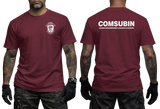 Front and back view of the Maroon Burgundy COMSUBIN Italian Navy GOI Special Forces t-shirt by Supremashirt. Includes the distinctive unit insignia on the chest and the full official unit name text "COMSUBIN - Comando Raggruppamento Subacquei e Incursori" printed in white on the back.
