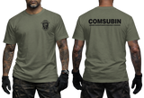 Front and back view of the military green COMSUBIN Italian Navy GOI Special Forces t-shirt by Supremashirt. Includes the distinctive unit insignia on the chest and the full official unit name text "COMSUBIN - Comando Raggruppamento Subacquei e Incursori" printed in white on the back.