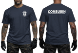 Front and back view of the navy COMSUBIN Italian Navy GOI Special Forces t-shirt by Supremashirt. Includes the distinctive unit insignia on the chest and the full official unit name text "COMSUBIN - Comando Raggruppamento Subacquei e Incursori" printed in white on the back.