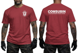 Front and back view of the red COMSUBIN Italian Navy GOI Special Forces t-shirt by Supremashirt. Includes the distinctive unit insignia on the chest and the full official unit name text "COMSUBIN - Comando Raggruppamento Subacquei e Incursori" printed in white on the back.