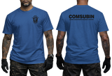 Front and back view of the royal blue COMSUBIN Italian Navy GOI Special Forces t-shirt by Supremashirt. Includes the distinctive unit insignia on the chest and the full official unit name text "COMSUBIN - Comando Raggruppamento Subacquei e Incursori" printed in white on the back.