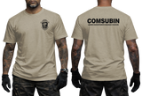 Front and back view of the sand COMSUBIN Italian Navy GOI Special Forces t-shirt by Supremashirt. Includes the distinctive unit insignia on the chest and the full official unit name text "COMSUBIN - Comando Raggruppamento Subacquei e Incursori" printed in white on the back.