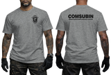 Front and back view of the sports grey COMSUBIN Italian Navy GOI Special Forces t-shirt by Supremashirt. Includes the distinctive unit insignia on the chest and the full official unit name text "COMSUBIN - Comando Raggruppamento Subacquei e Incursori" printed in white on the back.