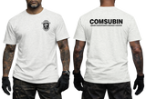 Front and back view of the white COMSUBIN Italian Navy GOI Special Forces t-shirt by Supremashirt. Includes the distinctive unit insignia on the chest and the full official unit name text "COMSUBIN - Comando Raggruppamento Subacquei e Incursori" printed in white on the back.