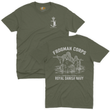 Two-view composite image of a military green t-shirt featuring Royal Danish Navy Frogman Corps (Frømandskorpset) graphics. The top view shows the front of the shirt with a small anchor, shield, and crown chest emblem and 'Frømandskorpset' text. The bottom view shows the back of the shirt with a large graphic of frogman commandos wading through water with rifles, 'Frogman Corps' heading, and 'Royal Danish Navy' text at the bottom.