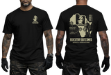 Man wearing black Executive Outcomes PMC Africa Operations t-shirt, showcasing both front chest knight logo and large back tactical map print.