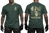 Man wearing green Executive Outcomes PMC Africa Operations t-shirt, showcasing both front chest knight logo and large back tactical map print.