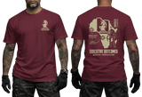 Man wearing maroon Executive Outcomes PMC Africa Operations t-shirt, showcasing both front chest knight logo and large back tactical map print.