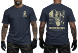 Man wearing navy Executive Outcomes PMC Africa Operations t-shirt, showcasing both front chest knight logo and large back tactical map print.