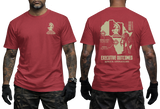 Man wearing red Executive Outcomes PMC Africa Operations t-shirt, showcasing both front chest knight logo and large back tactical map print.