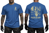 Man wearing blue Executive Outcomes PMC Africa Operations t-shirt, showcasing both front chest knight logo and large back tactical map print.