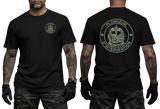 Front and back views of a man wearing a black French GIGN Plongeur d'Intervention Tactical Diver T-Shirt. Features olive green unit badge on the front chest and a large GIGN combat diver emblem with text on the back.