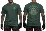 Front and back views of a man wearing a green French GIGN Plongeur d'Intervention Tactical Diver T-Shirt. Features olive green unit badge on the front chest and a large GIGN combat diver emblem with text on the back.