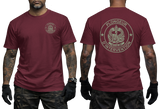 Front and back views of a man wearing a maroon French GIGN Plongeur d'Intervention Tactical Diver T-Shirt. Features olive green unit badge on the front chest and a large GIGN combat diver emblem with text on the back.
