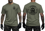 Front and back views of a man wearing a military green French GIGN Plongeur d'Intervention Tactical Diver T-Shirt. Features black unit badge on the front chest and a large GIGN combat diver emblem with text on the back.