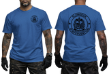 Front and back views of a man wearing a blue French GIGN Plongeur d'Intervention Tactical Diver T-Shirt. Features black unit badge on the front chest and a large GIGN combat diver emblem with text on the back.