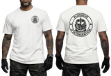 A man modeling a white short-sleeve T-shirt shown from the front and back. The front has a small black circular chest emblem, and the back has a large black circular graphic with the words 'PLONGEUR D'INTERVENTION' around a central emblem.