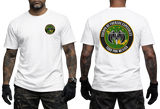A white short-sleeve t-shirt shown on a model from both the front and back. The front features a small circular green and black emblem on the left chest.