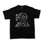 Gamera Japanese Kaiju T-Shirt featuring a vintage illustration of the giant turtle monster rising from waves with Japanese text on a black tee.
