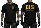 Black tactical t-shirt featuring the official yellow Italian GIS Carabinieri Special Forces emblem on the front chest and large 'GIS CARABINIERI' yellow lettering on the back.