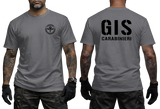Charcial tactical t-shirt featuring the official black Italian GIS Carabinieri Special Forces emblem on the front chest and large 'GIS CARABINIERI' yellow lettering on the back.
