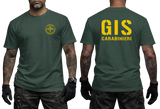 forest green tactical t-shirt featuring the official yellow Italian GIS Carabinieri Special Forces emblem on the front chest and large 'GIS CARABINIERI' yellow lettering on the back.