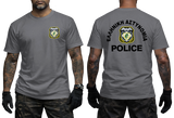 Front and back views of a man wearing a gray short-sleeve t-shirt with a Greek Police crest on the left chest and 'ΕΛΛΗΝΙΚΗ ΑΣΤΥΝΟΜΙΑ POLICE' printed on the back.