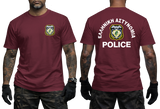 Front and back views of a man wearing a maroon short-sleeve t-shirt with a Greek Police crest on the left chest and 'ΕΛΛΗΝΙΚΗ ΑΣΤΥΝΟΜΙΑ POLICE' on the back.