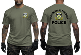 Front and back views of an olive green short-sleeve t-shirt worn by a model. The front features a small crest on the left chest, while the back displays a large black 'POLICE' text and a matching crest with the Greek text 'ΕΓΑΒΕΛΑΒΕ ΓΕΛΕΑΒΕ' arched above it.